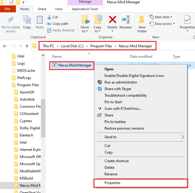 click on the Properties option