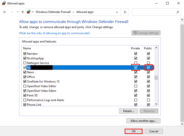 Check the boxes for the Private and Public sections and click on the OK button