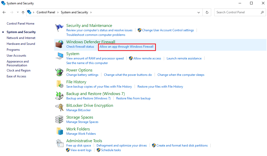 Click on the Allow an app through Windows Firewall option