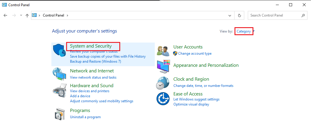 click on the System and Security setting