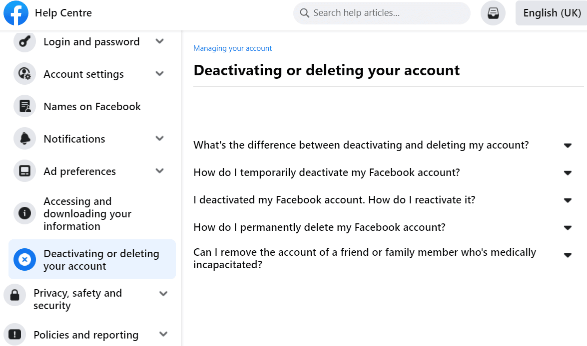Facebook Help Center page | How to Delete Facebook Account Without Password