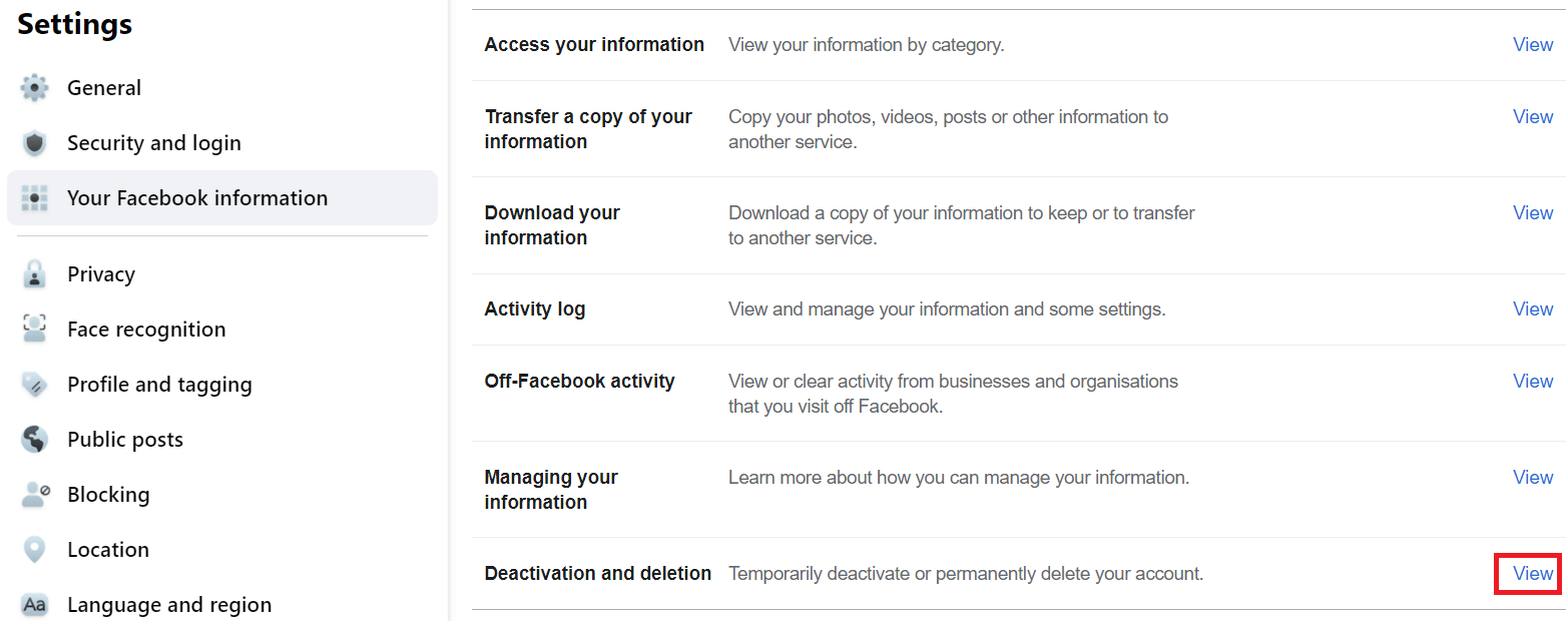 Click on View next to the Deactivation and deletion option | How to Delete Facebook Account Without Password