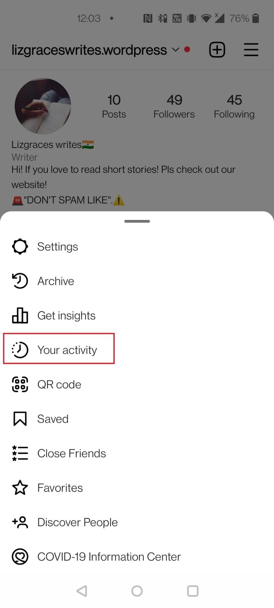 Tap on Your activity | How to Mass Archive Instagram