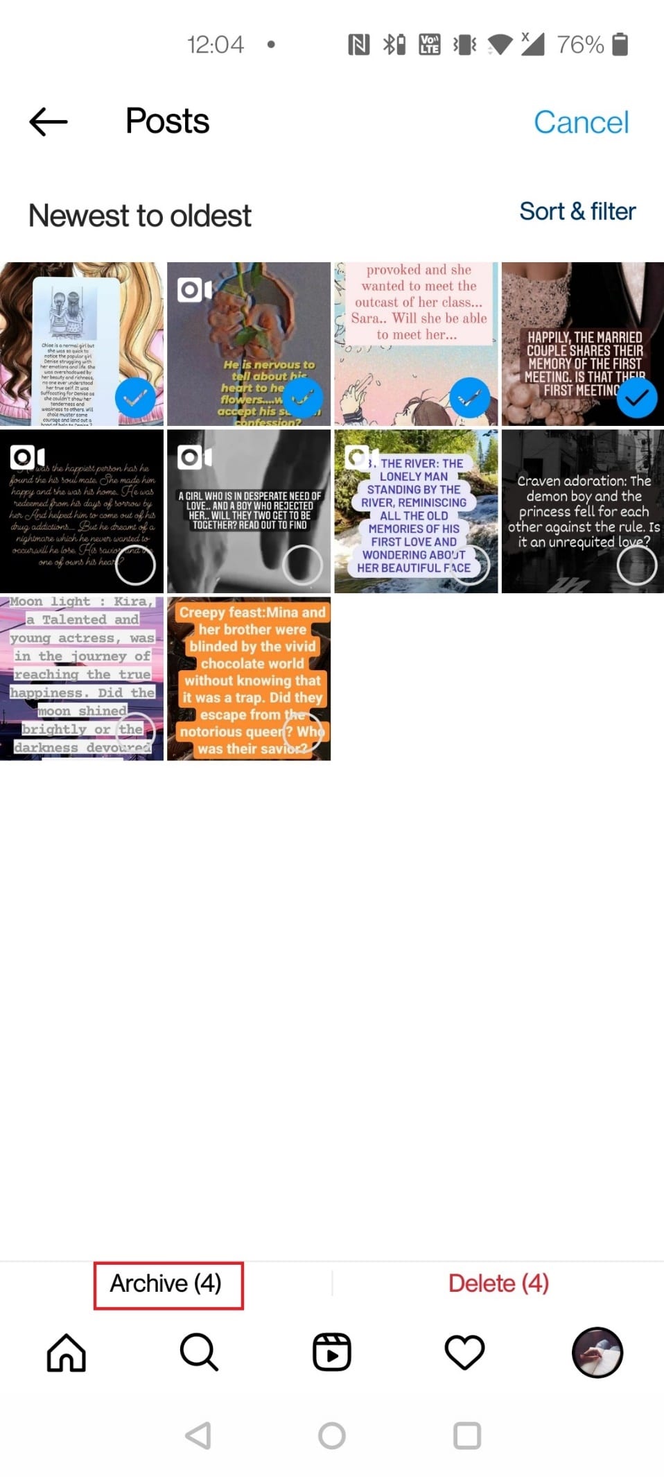 Select the posts you want to archive and tap on Archive at the bottom