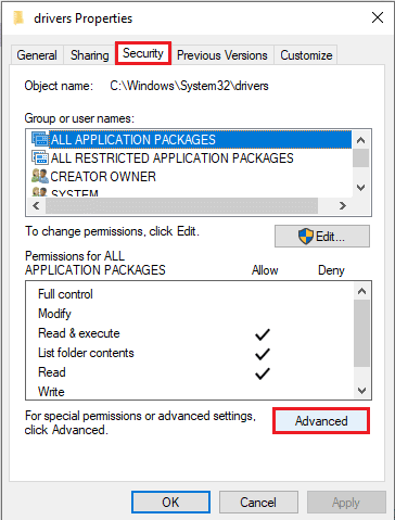 Navigate to the Security tab and click on the Advanced button 