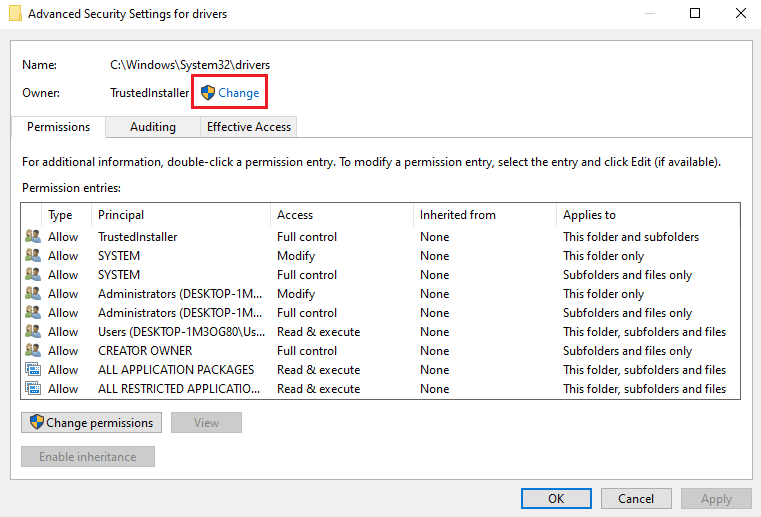 Click on the Change option in the Owner section 