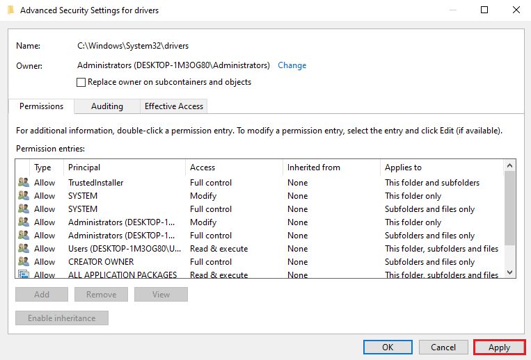 In the Advanced Security Settings for drivers window click on the Apply button
