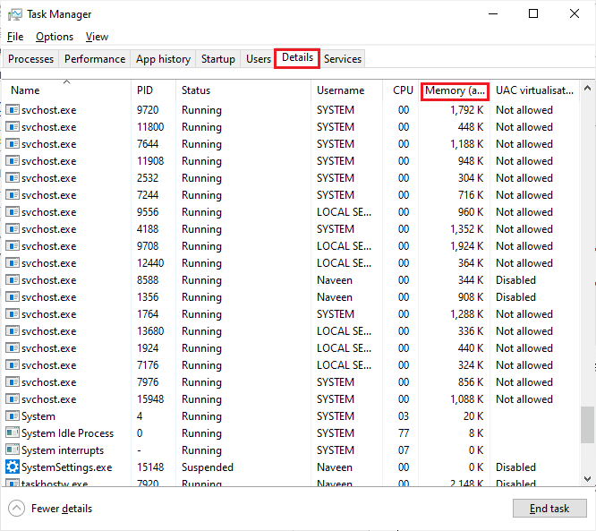 switch to the Details tab and monitor the app usage details
