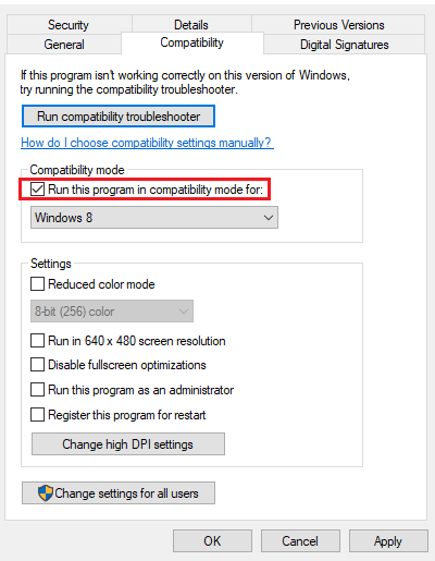 Check the box for run this program in compatibility mode for.