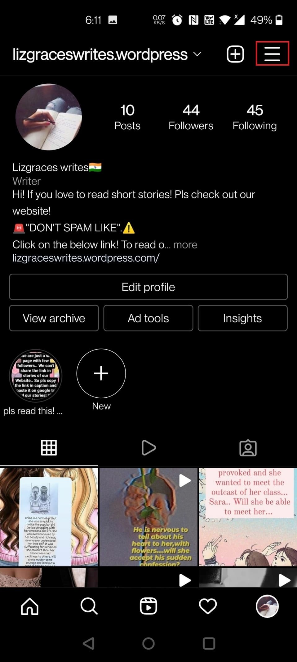 Tap on the Hamburger menu icon to open up the Instagram menu