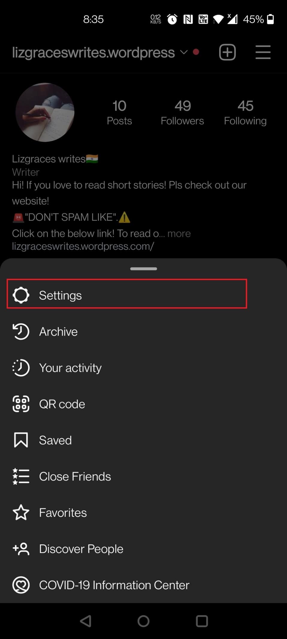 Tap on the Settings option | How to Find Old Bios on Instagram