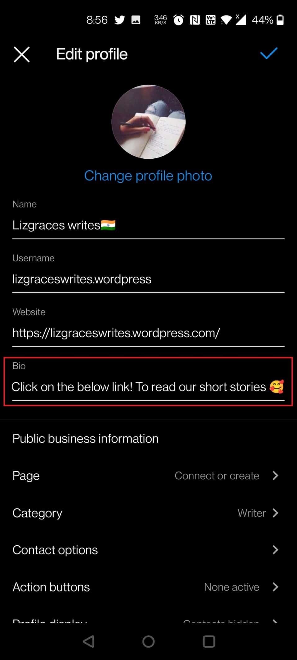 Under the Bio section, type your new bio or keep it empty