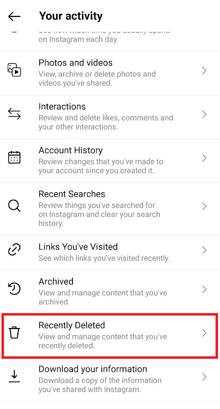 Scroll down and tap on the Recently Deleted option