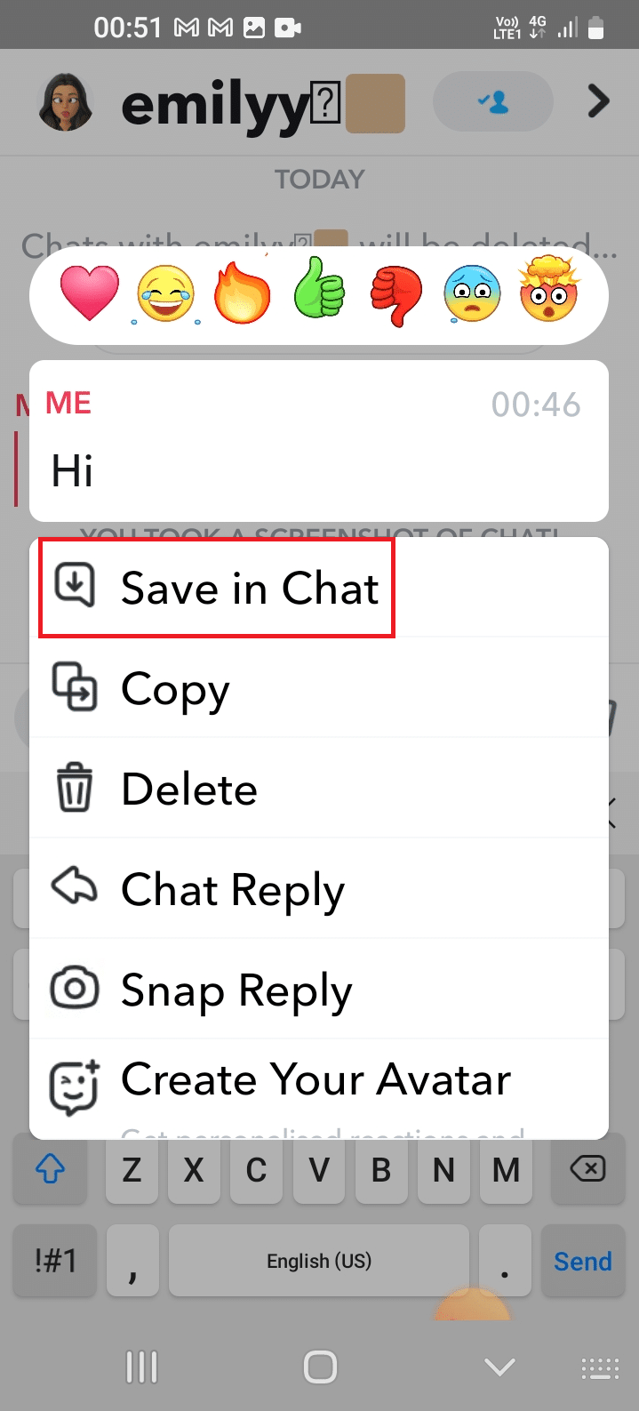 Select the Save in Chat option. Fix Snapchat Message Disappeared Issue