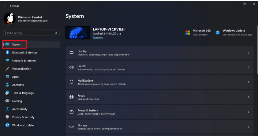 Click on the System panel