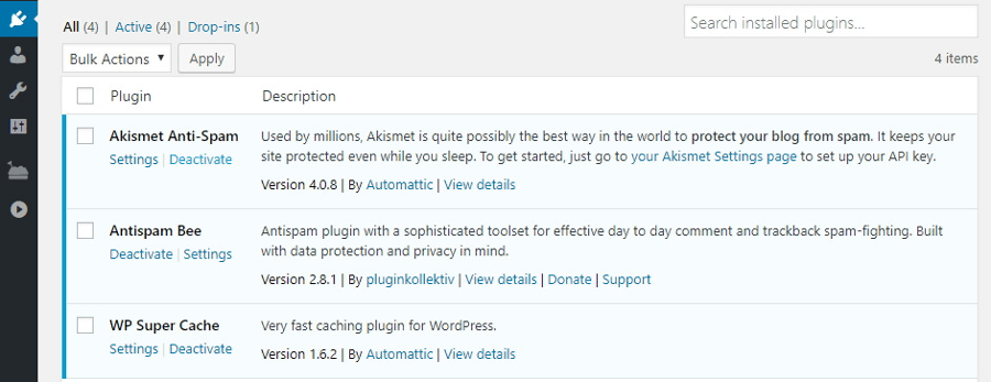 The WordPress plugins tab