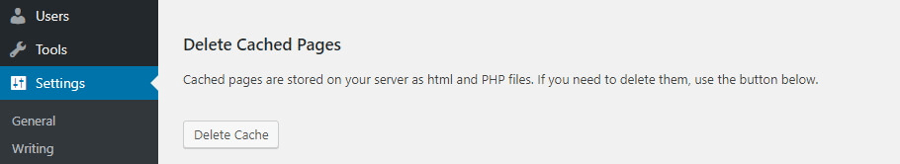 Delete Cached Pages window on WordPress