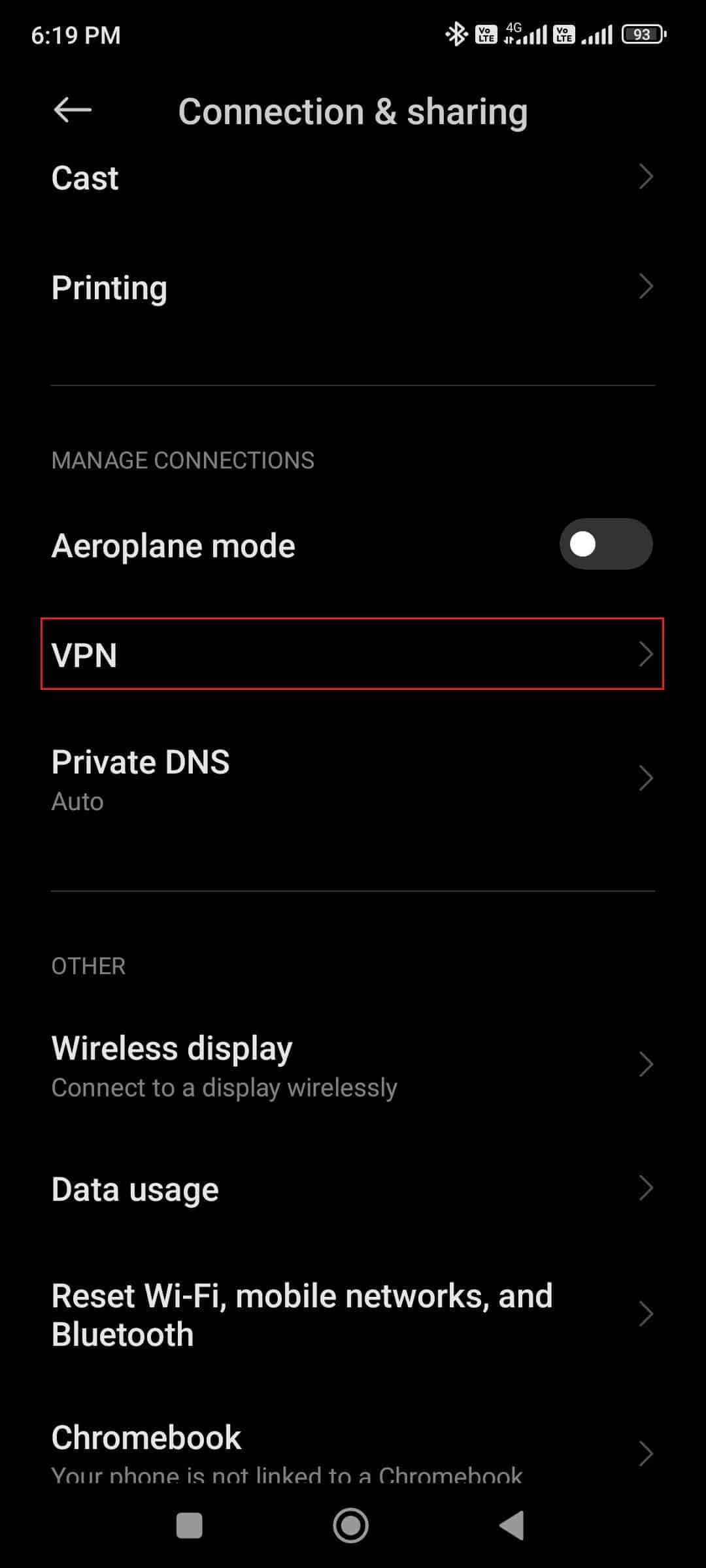 select VPN option in android 