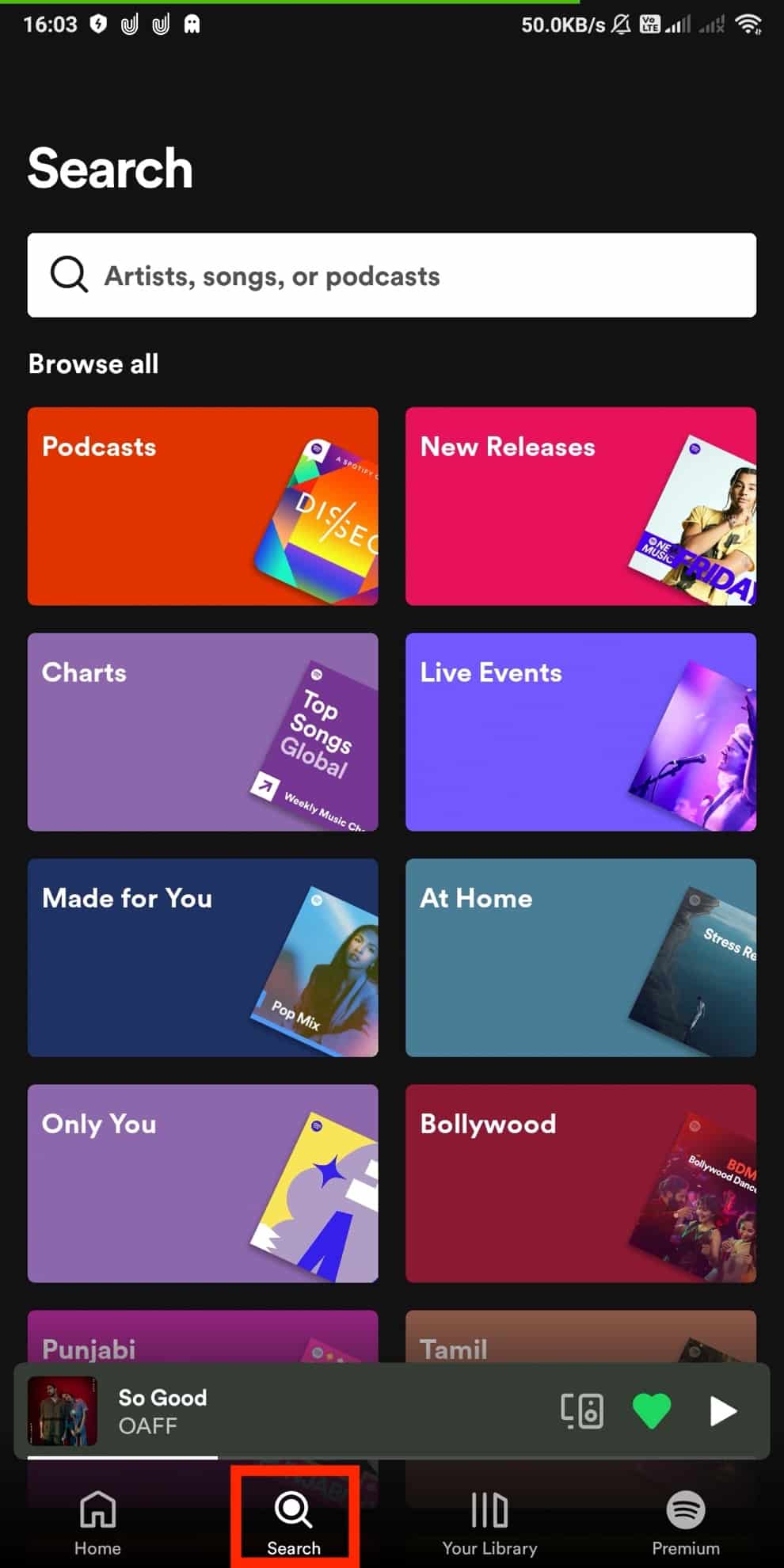 Search any song by tapping on the Search icon