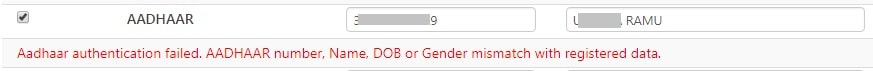 aadhaar authentication failed. aadhaar number name dob or gender mismatch with registered data. epfo