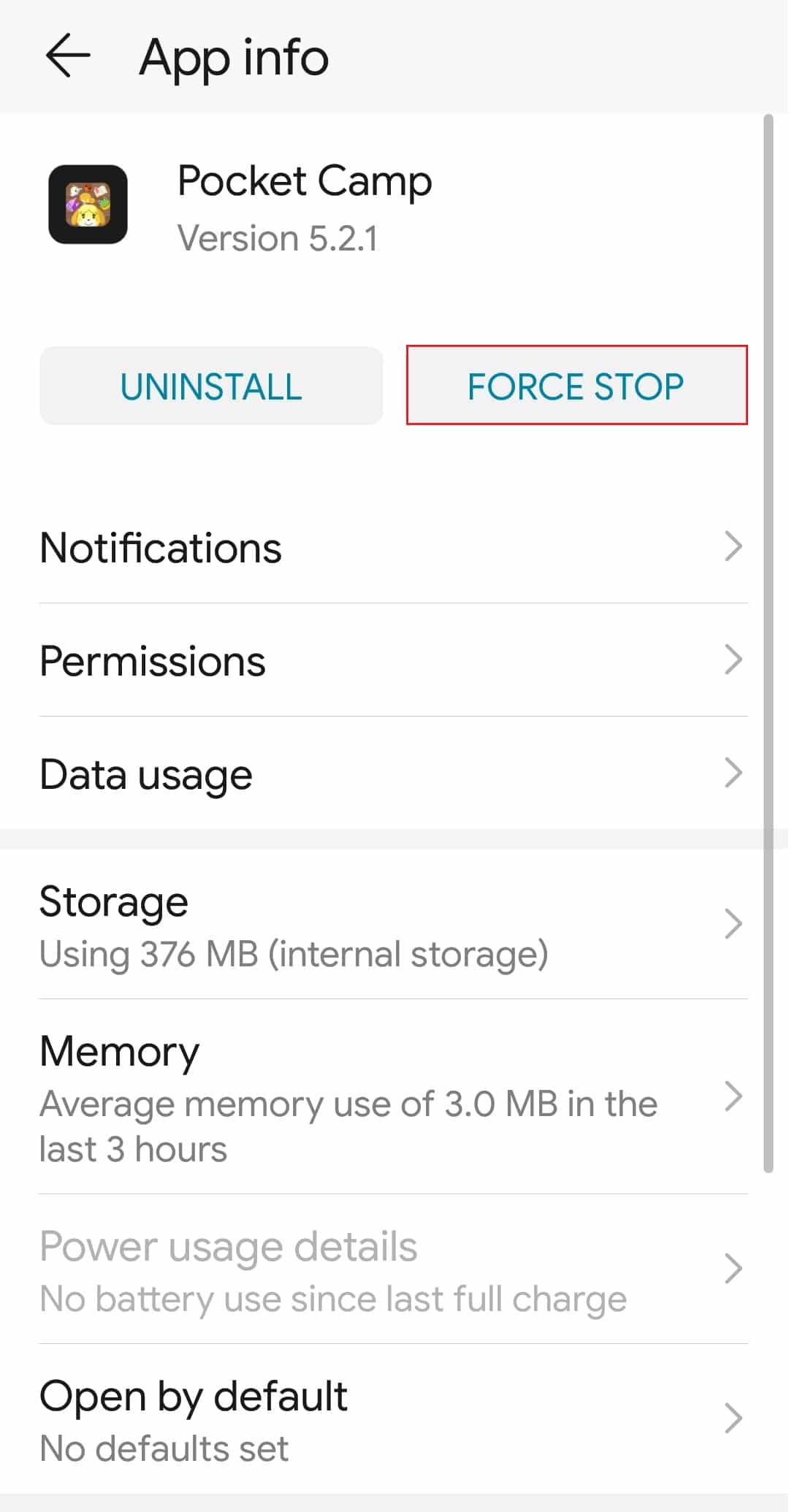 force stop Animal Crossing Pocket Camp app info