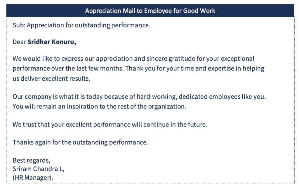 Appreciation Mail to employee for good work