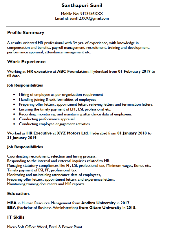 Sample HR resume with 3 years experience