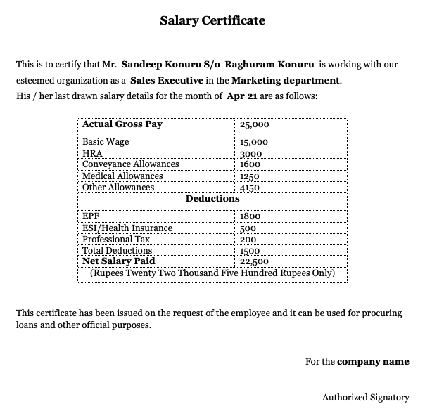 Cash salary certificate format in word