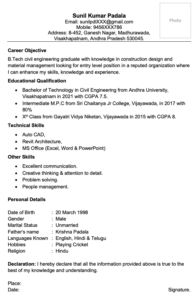 Civil engineer fresher resume format 1 Word