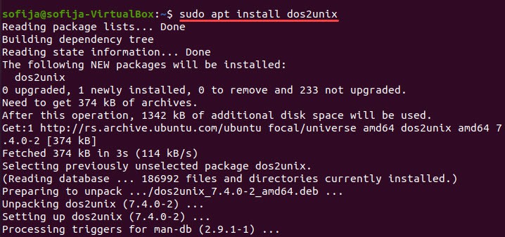 The command to install dos2unix tool on Linux systems.