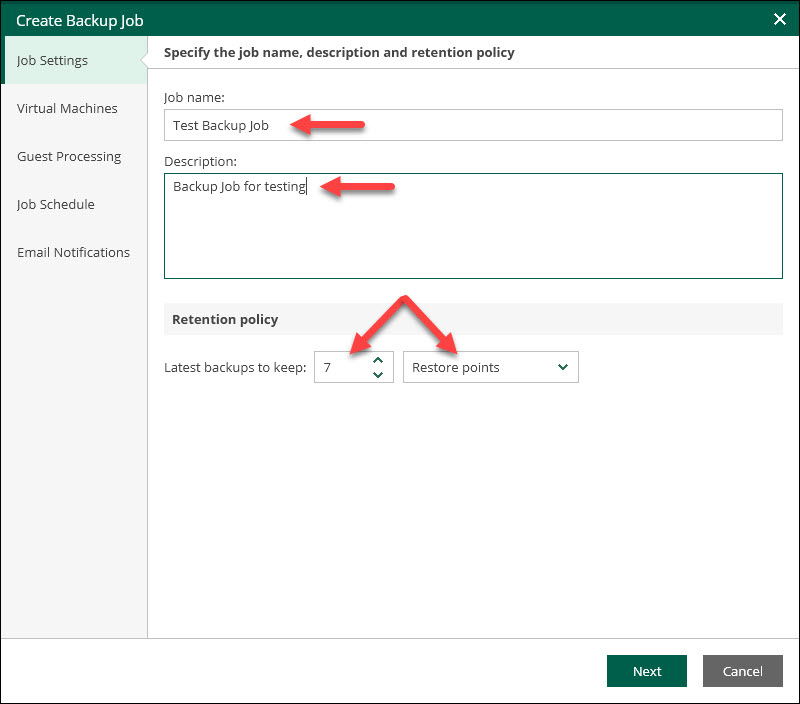 Create Backup Job Veeam Portal Job settings step