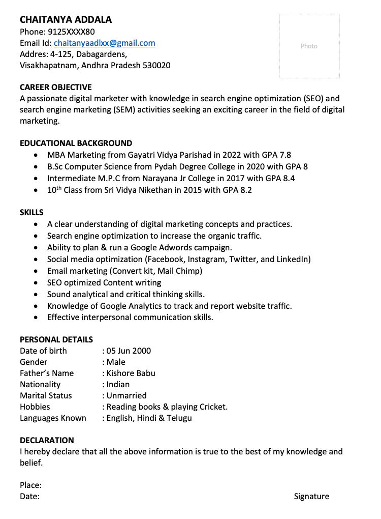 Digital marketing fresher resume format download in word