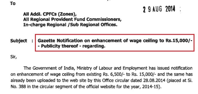 EPFO Circular on Basic Salary 15000 Ceiling Limit