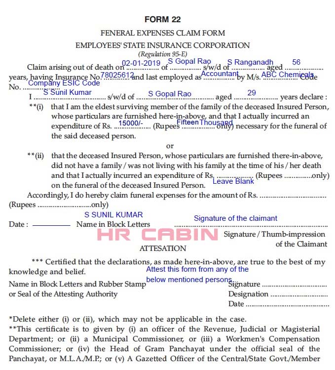 ESIC Form 22 Filled Sample