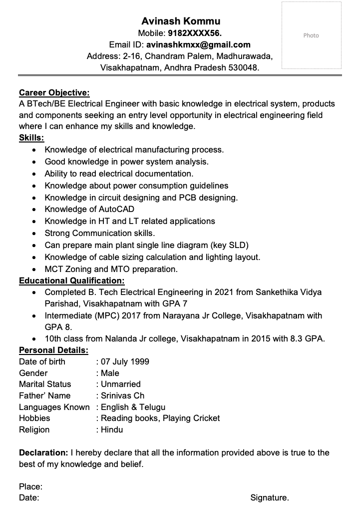 Fresher electrical engineer resume format in Word free download