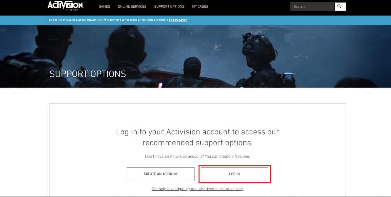 Log in to your Activision account by clicking on the Log in button 