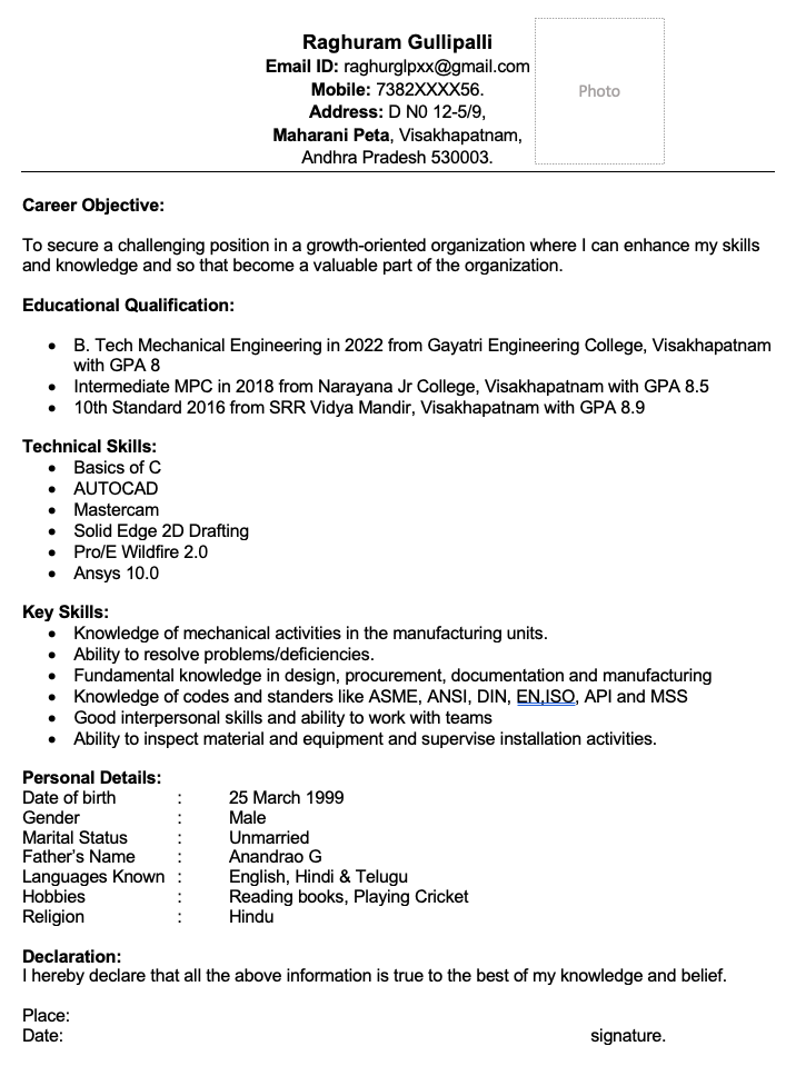 Fresher mechanical engineer resume format in word download