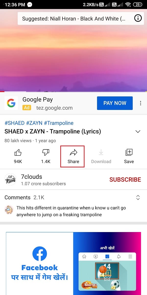 Click on the Share button at the bottom of the video