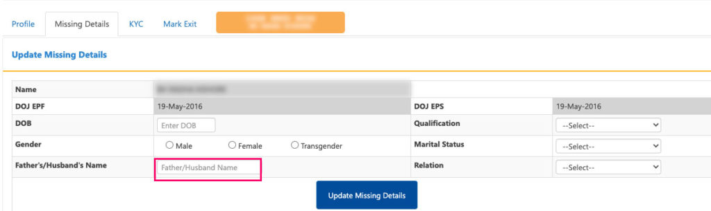 How to update missing father name in EPF account online by employer