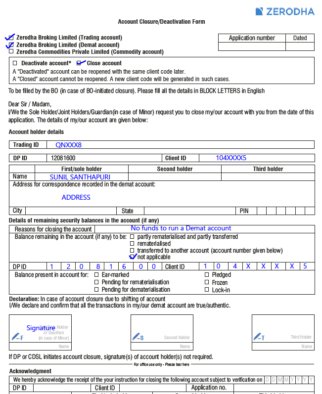 Zerodha closure form sample filled