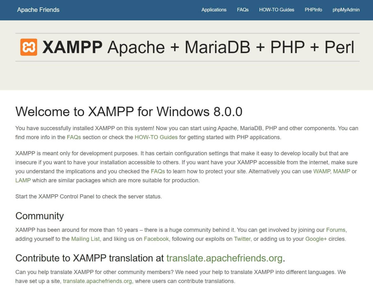 The XAMPP “localhost/dashboard” page.