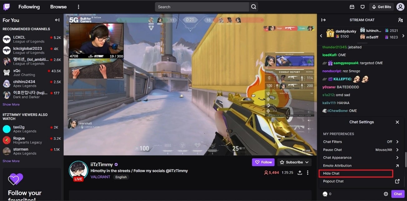 Click on Hide Chat. | How to Hide Chat on Twitch