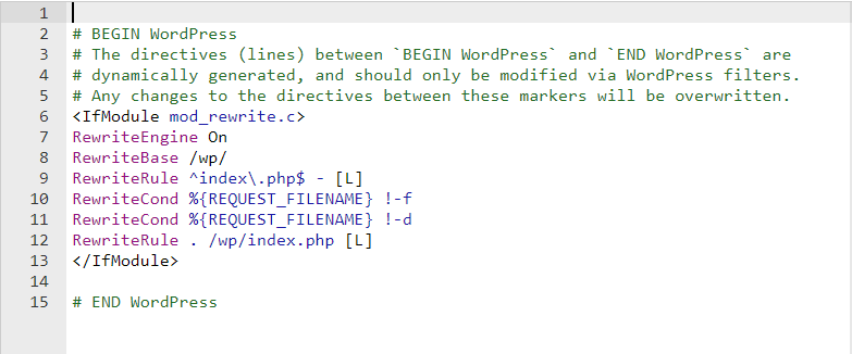 The .htaccess file after opening it.