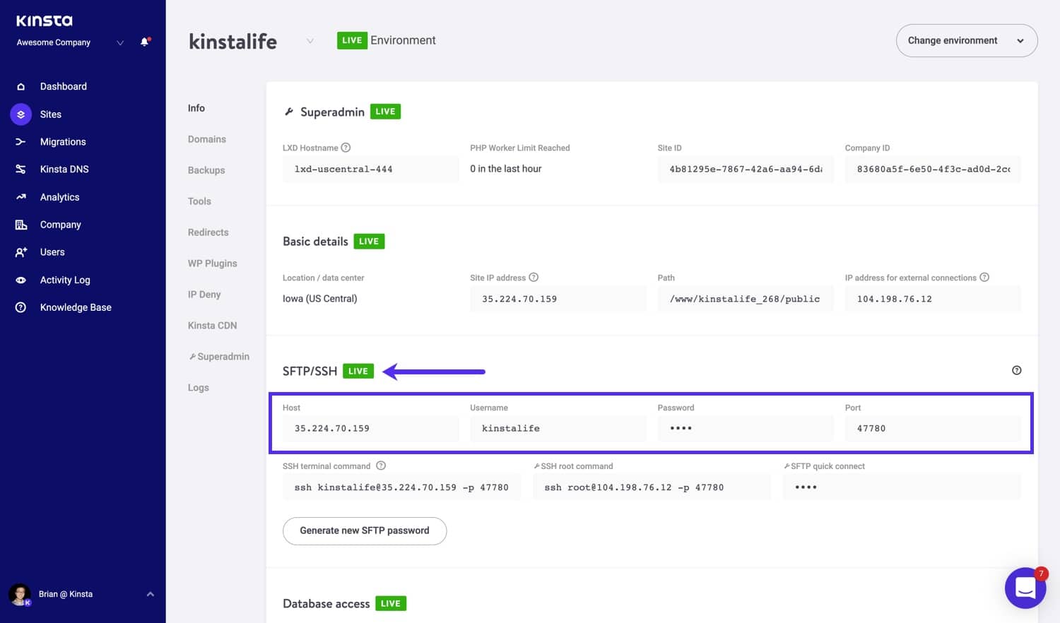 Kinsta SFTP details.