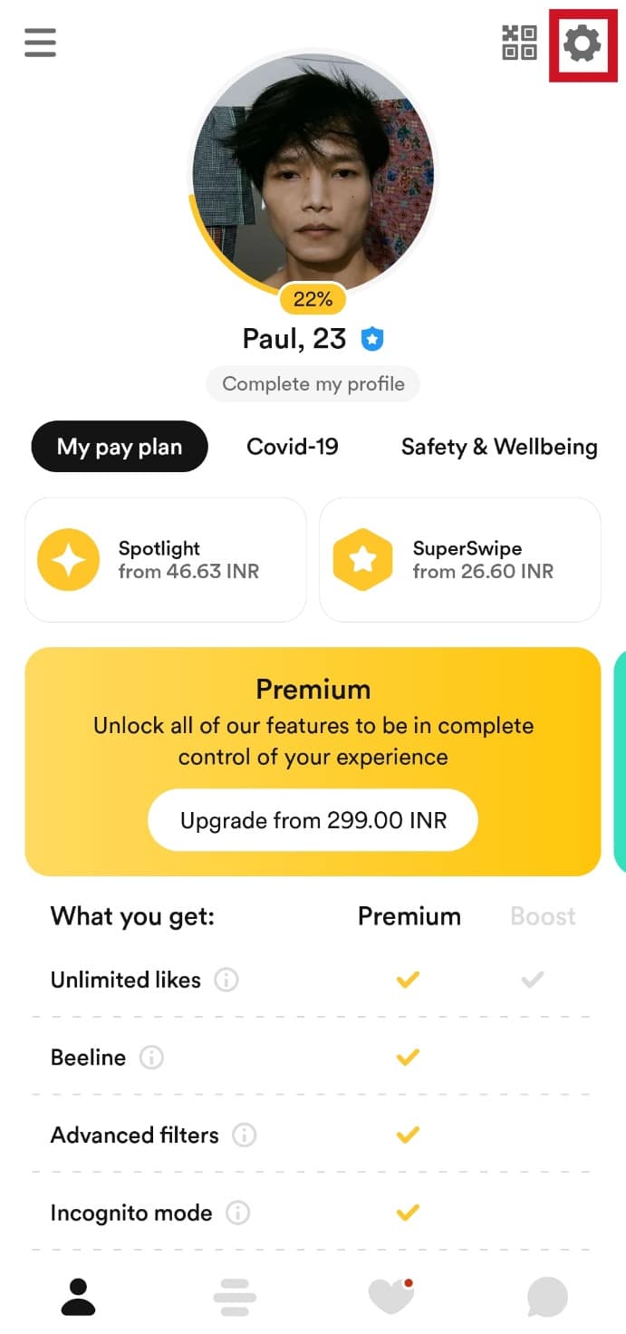 Tap on the cog wheel icon on the top-right corner | How to Reset Bumble