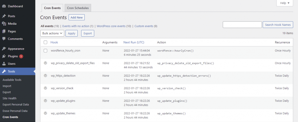 The list of existing cron events that currently run on WordPress
