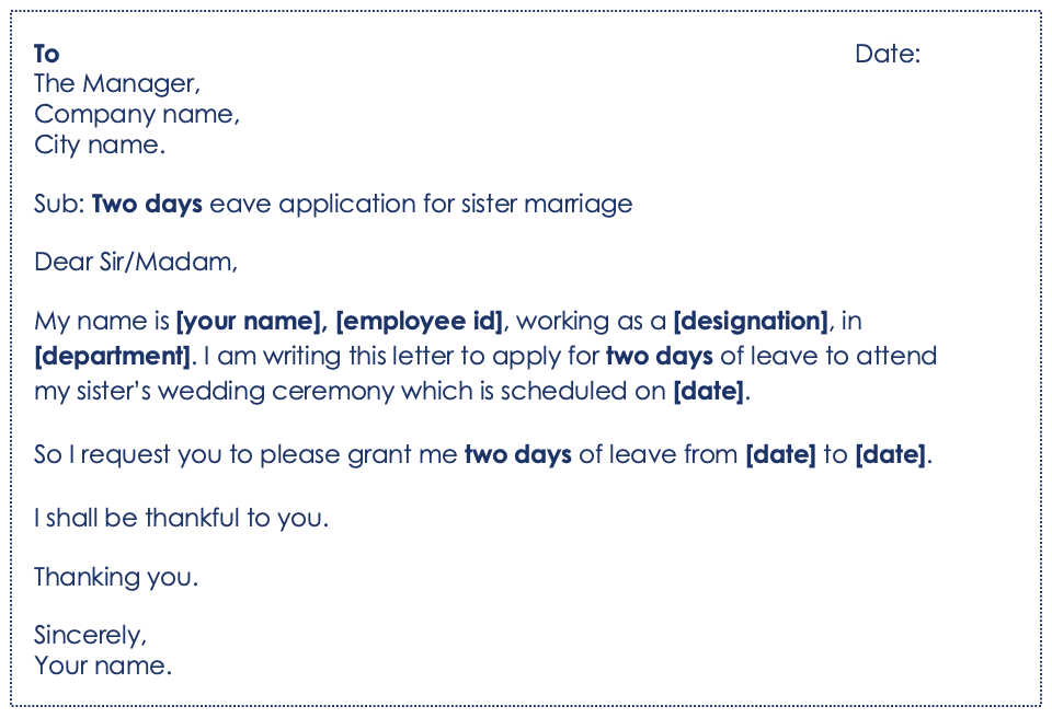 Leave application for sister marriage in office
