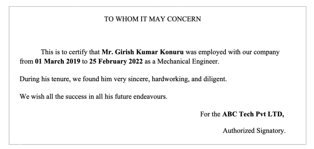 Mechanical engineer work experience certificate format
