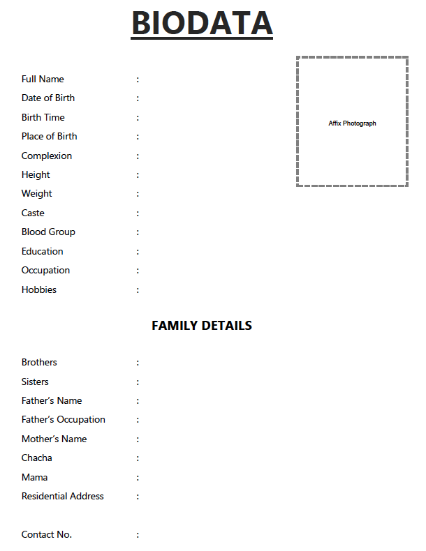 Muslim girl marriage biodata format in  word