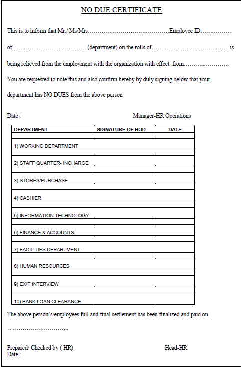 No Due Certificate Format For Employee